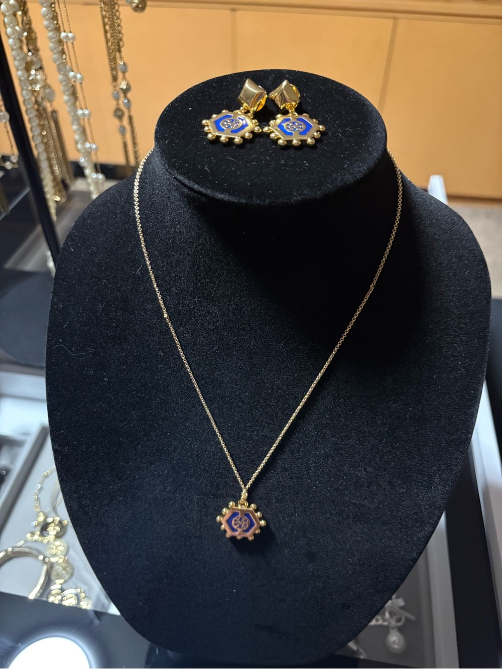 Tory Burch Gold-Tone and Blue Enamel Pendant Necklace and Earrings Set